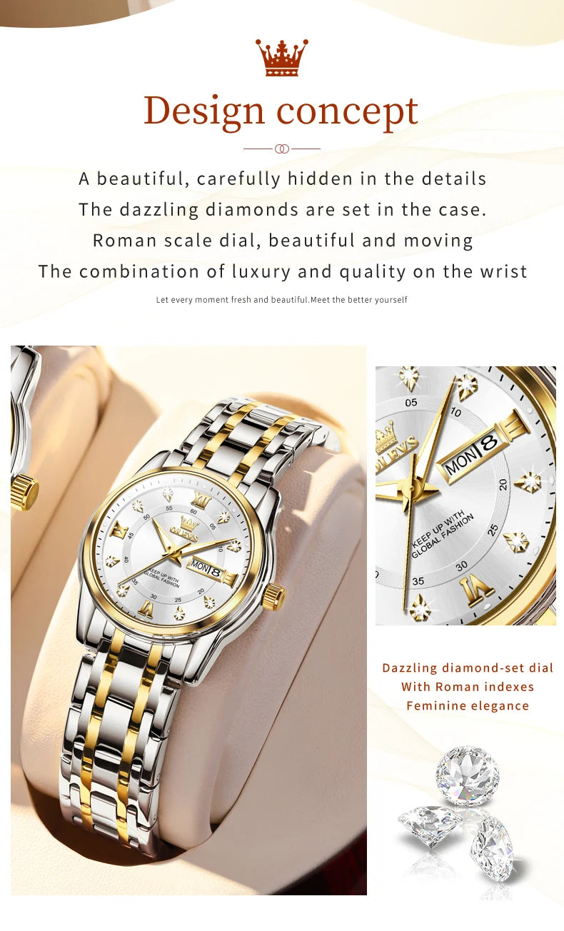 Relojes OLEVS para mujer, reloj de pulsera luminoso resistente al agua de acero inoxidable Original dorado a la moda, reloj clásico elegante para mujer con fecha