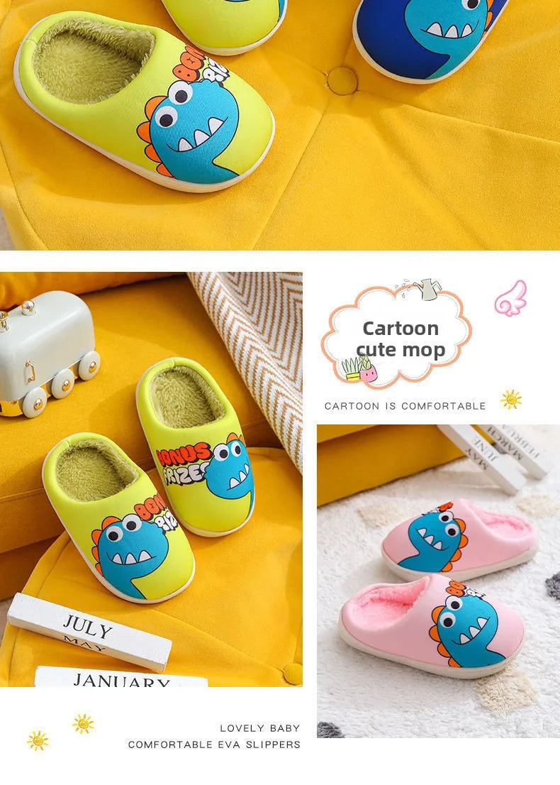 Zapatillas con patrón de dinosaurio de dibujos animados para niños y niñas, bonitos zapatos de felpa, zapatos cálidos adecuados para interiores de otoño e invierno