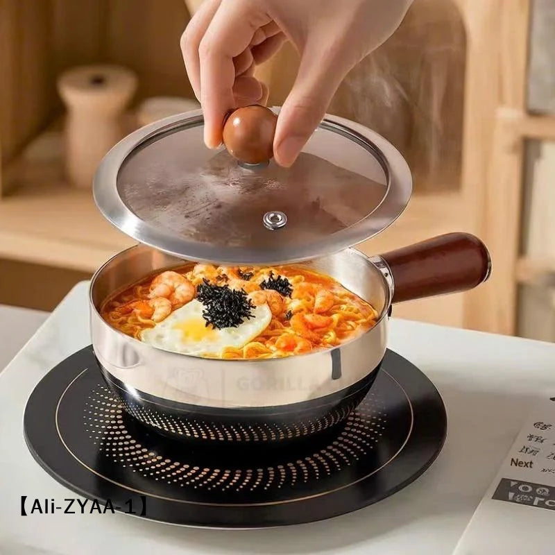 【A】Sartenes de cocina de acero inoxidable de 17 cm/14 cm con mango de madera y tapa de vidrio - Ollas pequeñas multiusos para fideos y huevos
