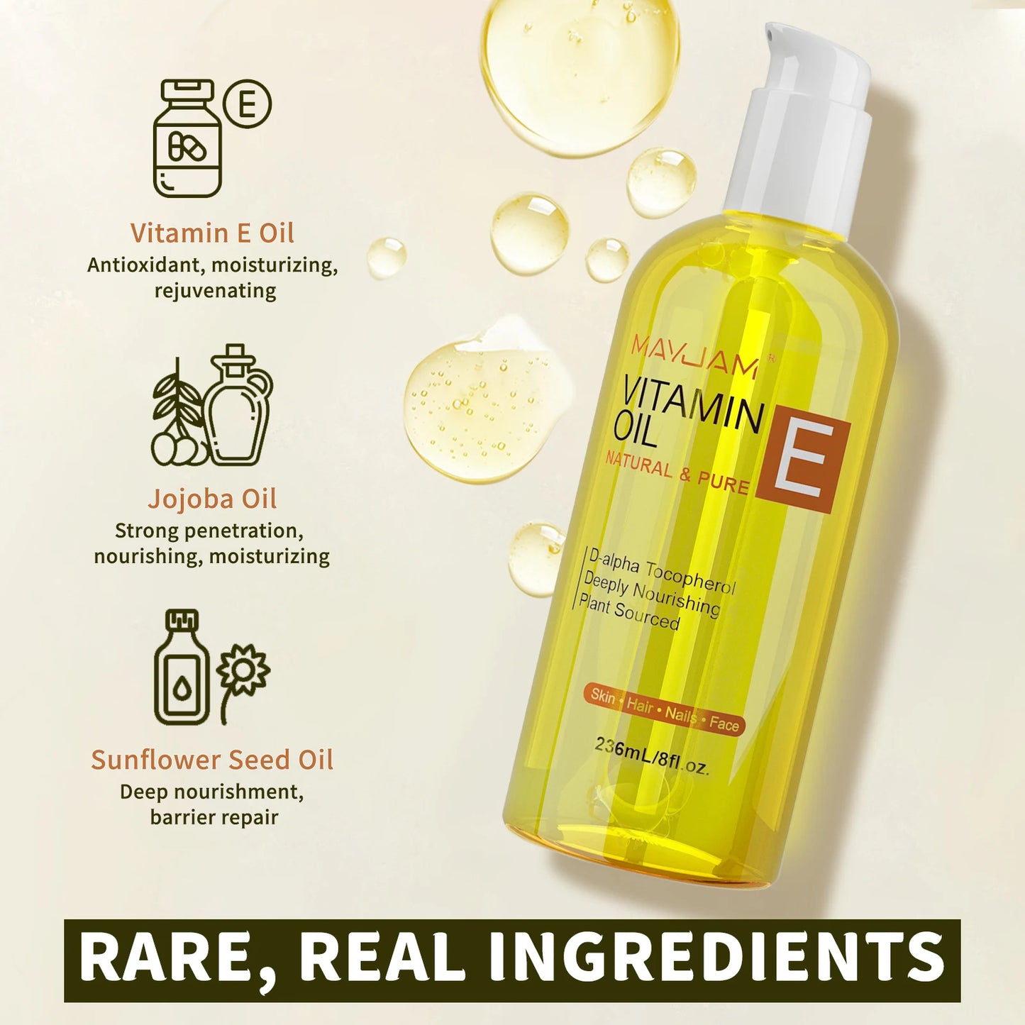 MAYJAM Aceite de vitamina E natural y puro Cuidado de la piel Hidratante Ilumina el tono de la piel 118 ml 236 ml Aceite para el cuidado de la cara