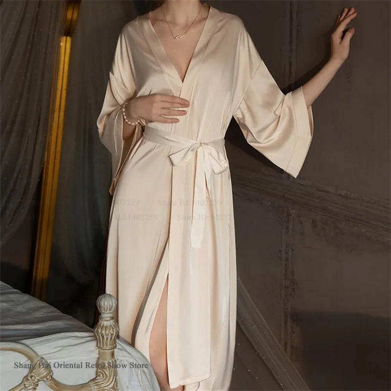 Elegante Conjunto de Bata Larga para Mujer, Lencería Sexy, Ropa de Dormir, Kimono Holgado, Bata de Baño, Vestido de Casa de Satén Sedoso, Ropa de Estar