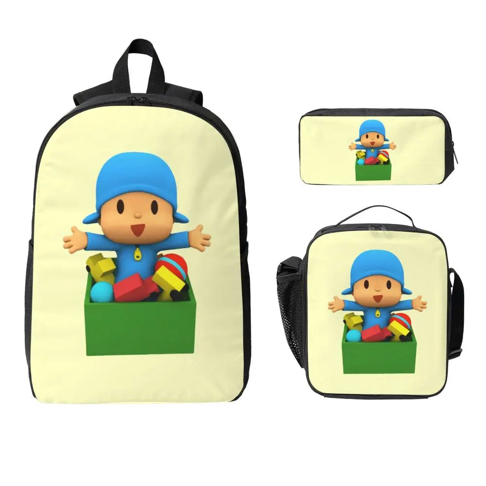 Mochila azul de dibujos animados de Pocoyo para niños, mochila escolar, bolsos de hombro para ordenador, bolsa de almuerzo aislada de 3 piezas, estuche para lápices