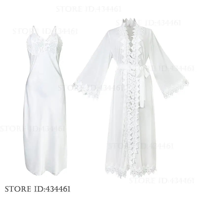 Conjunto de camisón y bata de encaje Sexy para mujer, camisón blanco de seda helada con tirantes, lencería, novedad de verano, ropa de dormir para el hogar