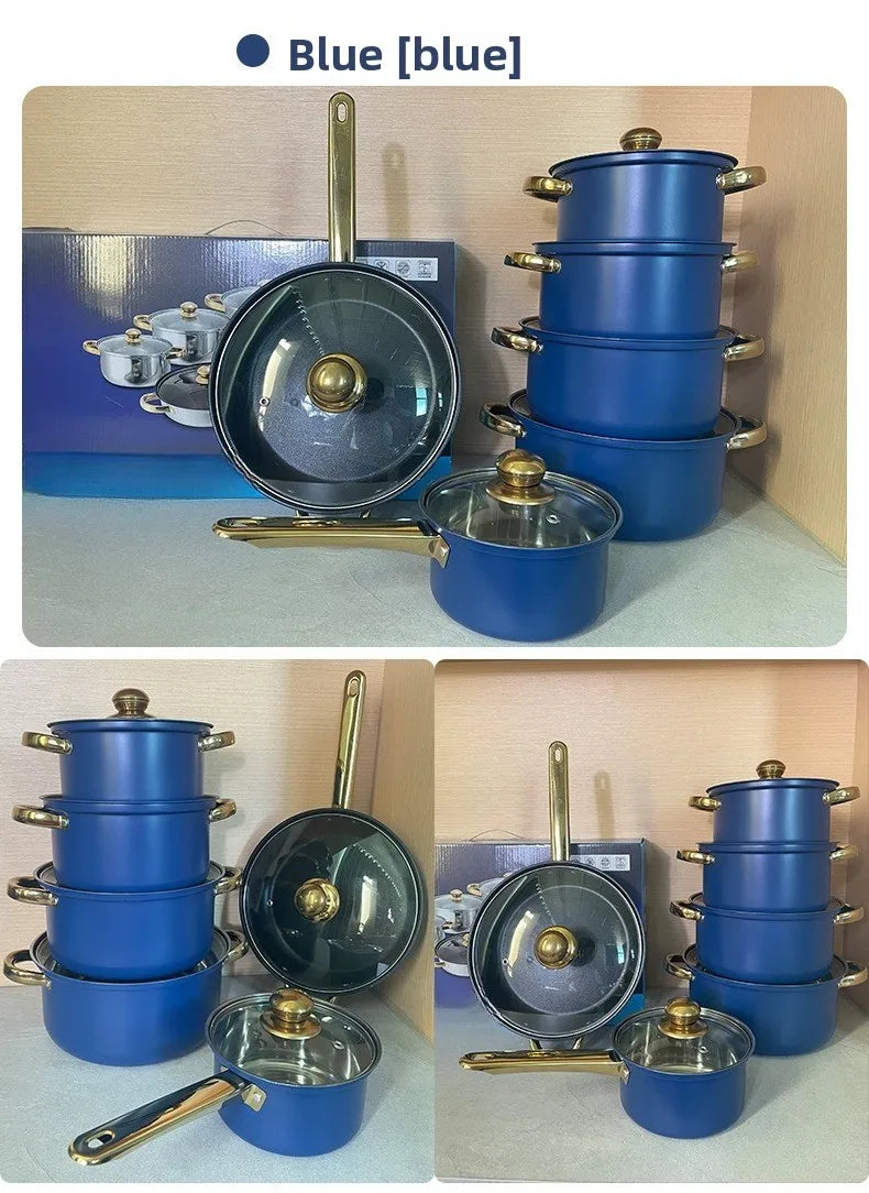 Juego de Ollas de Acero Inoxidable de 12 Piezas, Olla para Sopa, Sartén Antiadherente, Olla para Leche con Asa Dorada
