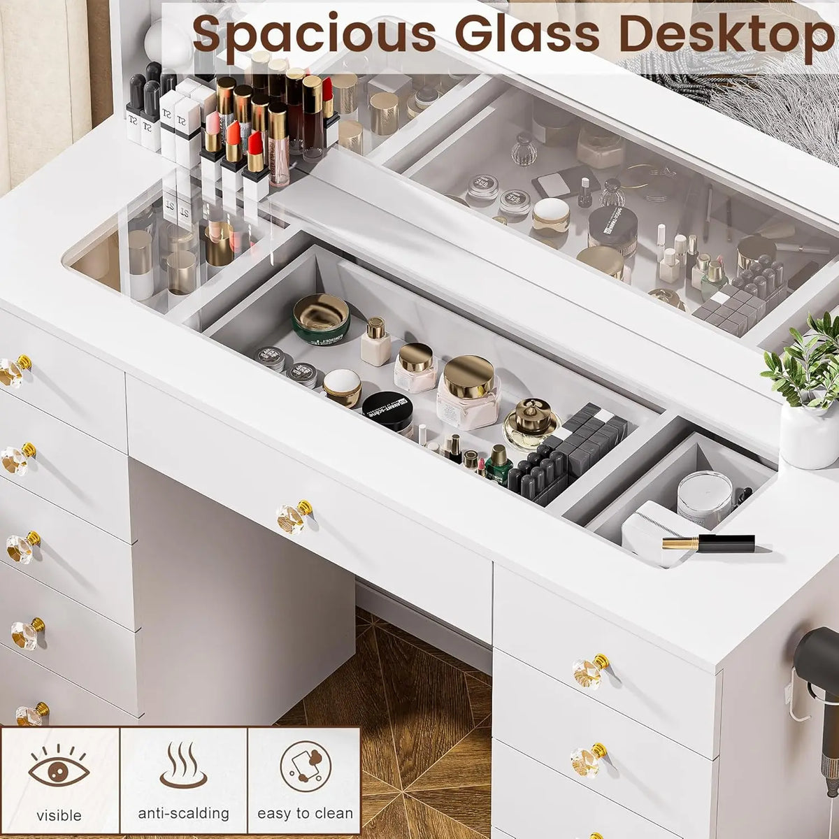 Tocador con Espejo Grande y 10 Luces LED, Escritorio de Tocador con Cubierta de Cristal, 11 Cajones con Tiradores de Cristal, Mesa de Maquillaje, Personalizable