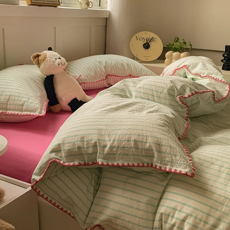 Juego de cama 100% de algodón a rayas, funda nórdica con funda de almohada, funda de edredón, tamaño King