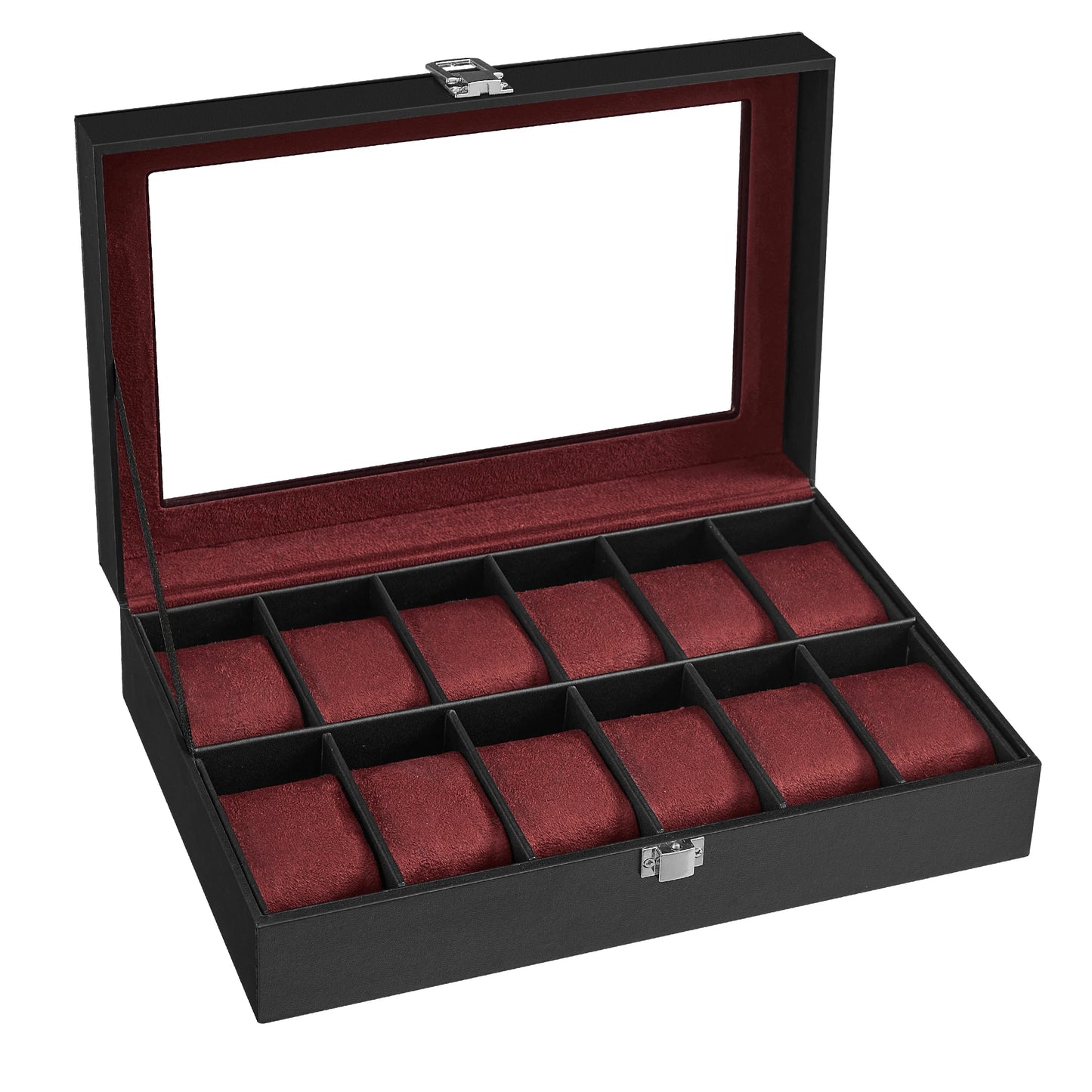 SONGMICS Caja de reloj con 12 ranuras, forro gris verdastro/forro rojo vino/forro beige capuchino/forro beige verdoso