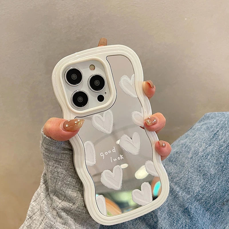 Funda de teléfono con espejo de maquillaje de corazón blanco encantador coreano para iPhone 17 Air 14 15 16 Pro Max 13 11 12 14 Plus XS X XR cubierta a prueba de golpes