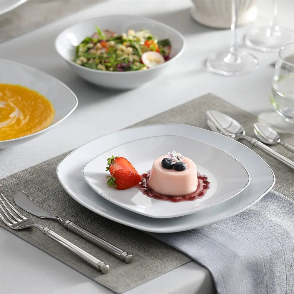 Juegos de vajilla, juego de 24 piezas de platos y tazones de porcelana, juego de vajilla cuadrada blanca con borde negro, platos para servir postres, sal