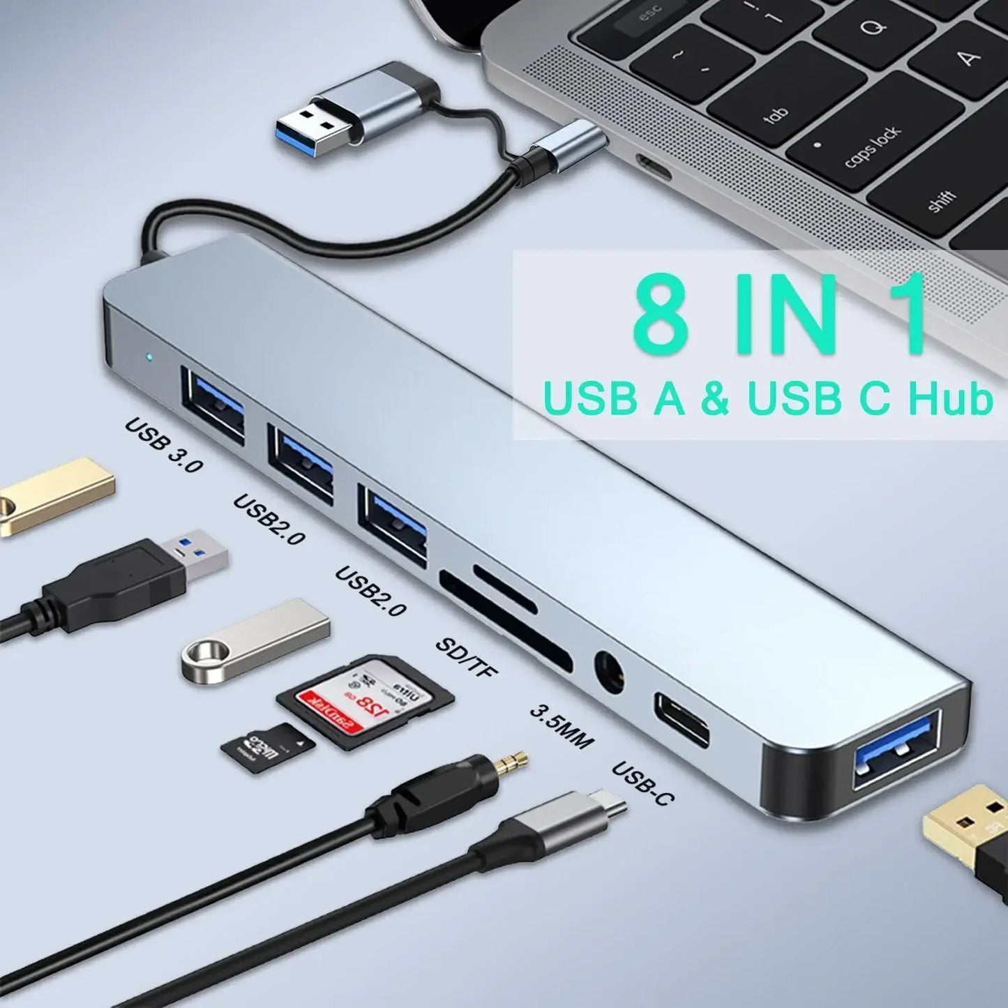 HUB USB 8 en 1 con lector de tarjetas SD/TF, puertos auxiliares de 3,5mm para MacBook Pro Air, PC, portátil y tableta