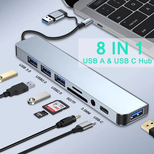 HUB USB 8 en 1 con lector de tarjetas SD/TF, puertos auxiliares de 3,5mm para MacBook Pro Air, PC, portátil y tableta