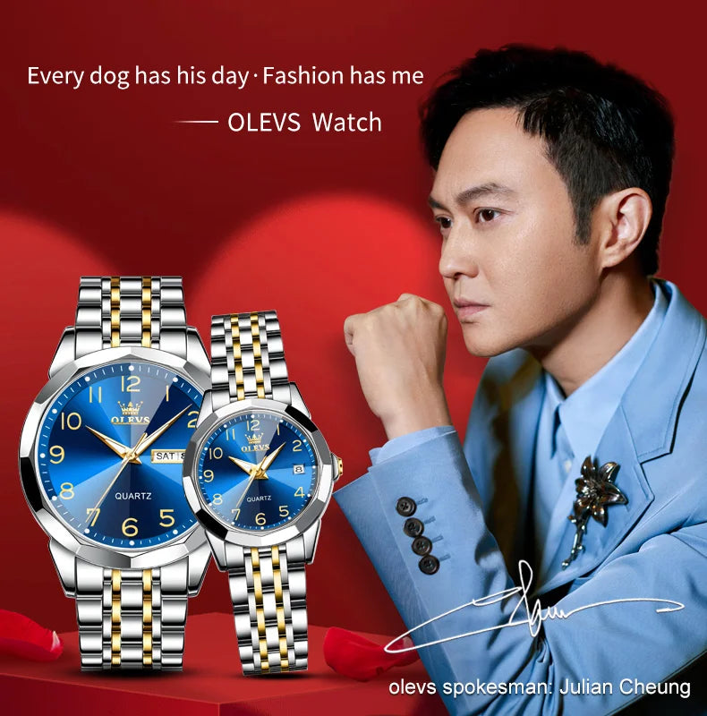 OLEVS 9970 reloj de lujo para parejas, reloj de pulsera con calendario resistente al agua de acero inoxidable para hombres y mujeres, reloj para amantes del espejo con rombos y esfera Digital
