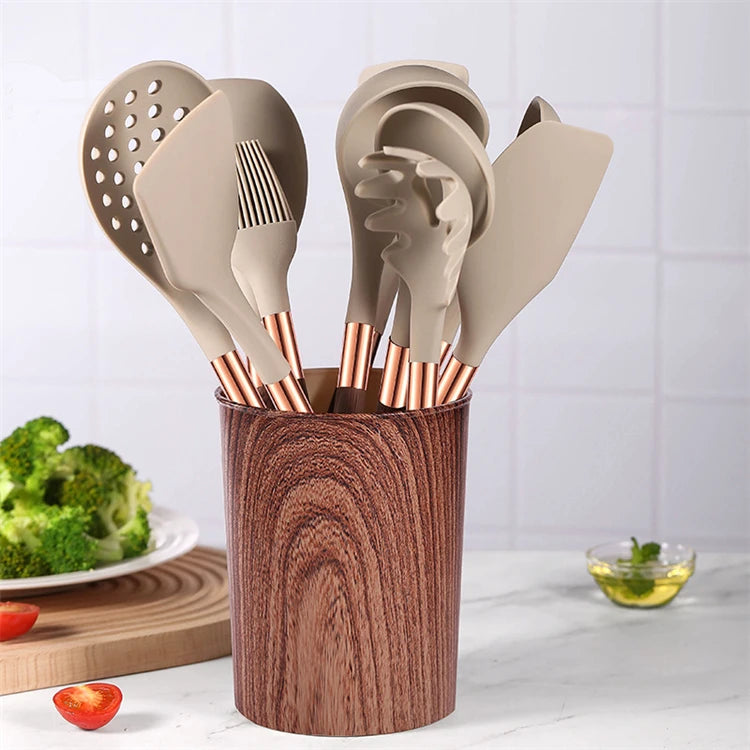 LMETJMA Juego de utensilios de cocina de silicona, 10 Uds., utensilio de cocina con soporte para utensilios, asas de patrón de madera, utensilios de cocina antiadherentes JT264