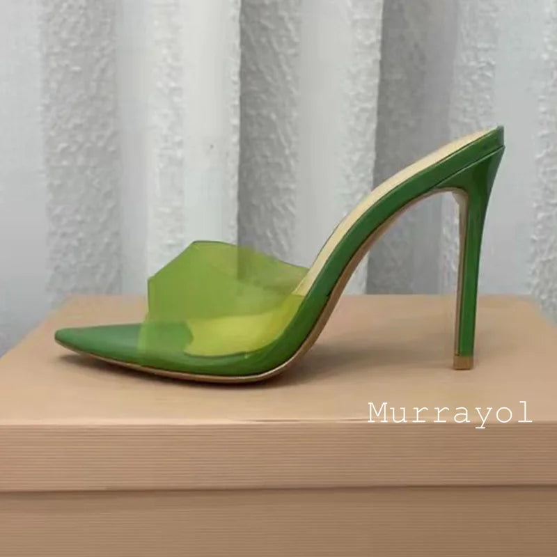 Zapatillas de tacón alto fino transparente de PVC con punta abierta, sandalias de Color sólido con punta estrecha para mujer, zapatos de vestir de fiesta de verano para mujer, zapatos de tacón