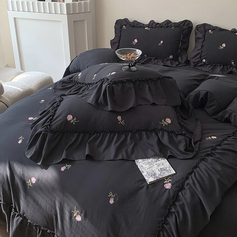 Juego de funda nórdica bordada con rosas de 3 piezas (1 funda nórdica + 2 fundas de almohada, sin núcleo), juego de cama de encaje estilo princesa
