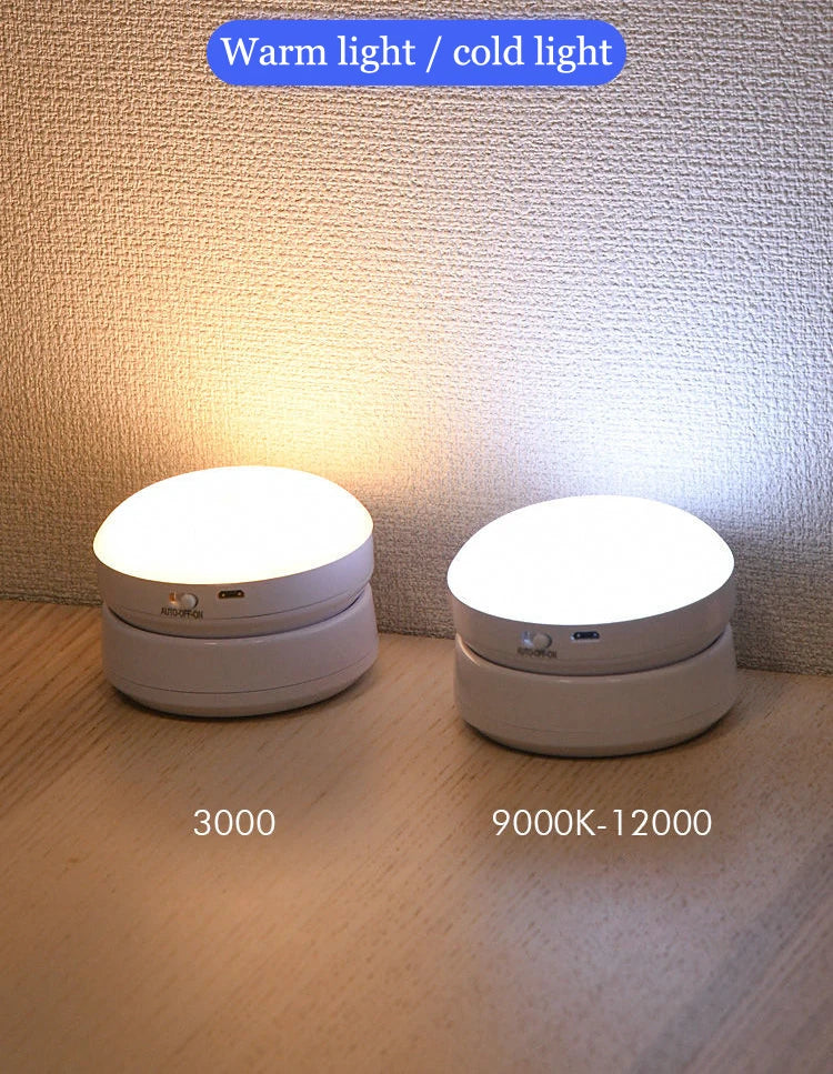 Luz nocturna con Sensor de movimiento, iluminación LED inalámbrica recargable, magnética giratoria 360 para habitación, mesita de noche, iluminación de gabinete