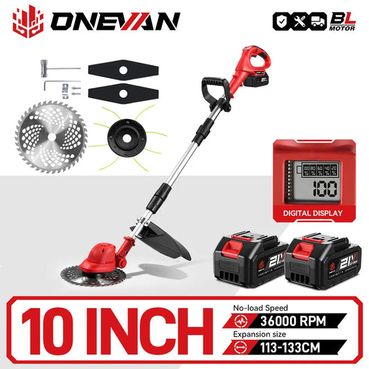 Cortadora de Césped Eléctrica ONEVAN de 10 Pulgadas y 4000W sin Escobillas, 36000 RPM, Recortadora de Césped, Herramientas de Jardín Ajustables para Baterías Makita de 18V