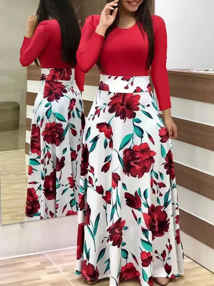 Vestido de manga corta a juego con estampado de flores de estilo europeo y americano para mujer, falda con vuelo grande, 2024
