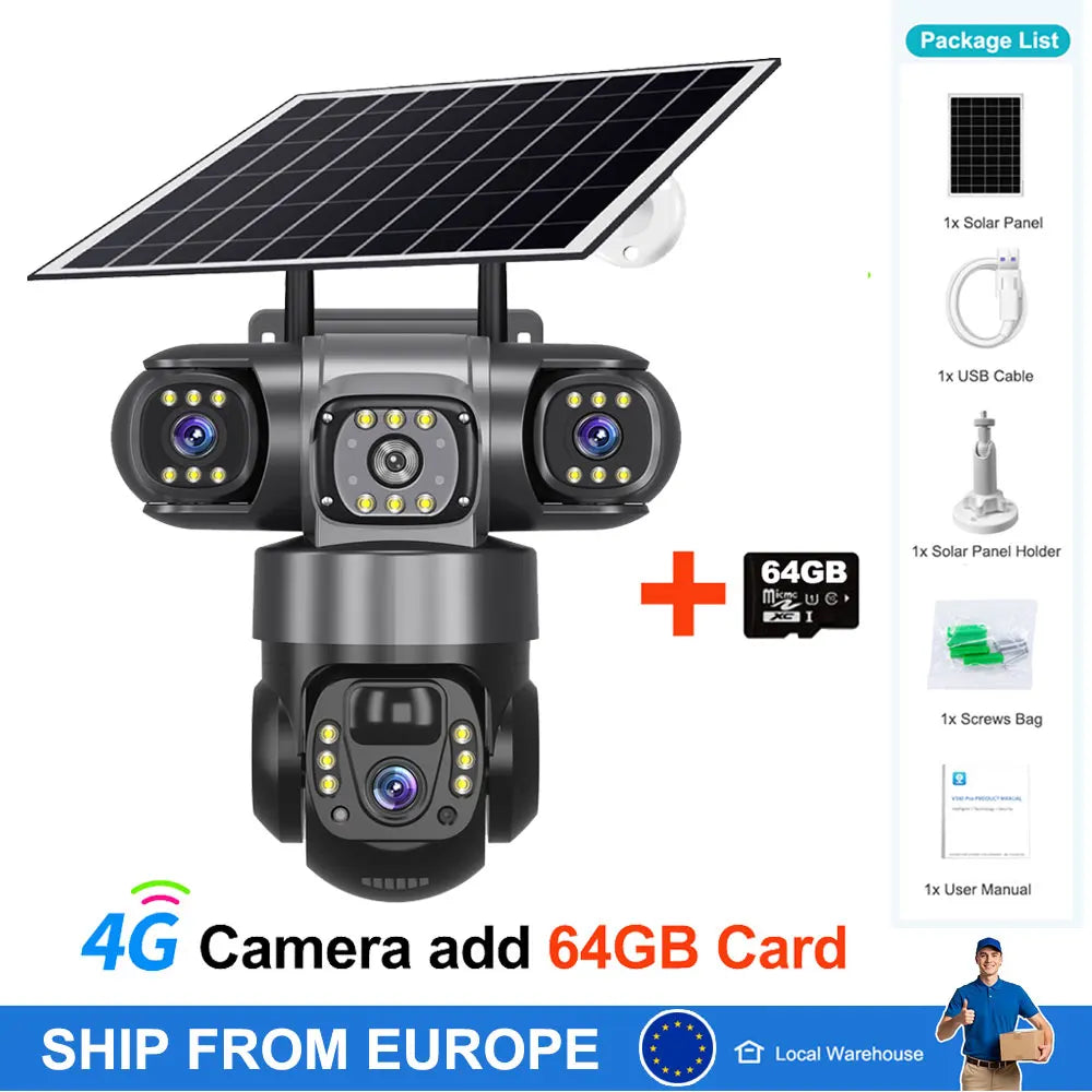 Cámara CCTV Solar con Tarjeta SIM 4G, 12MP, Seguridad Exterior, Monitor PTZ, Visión Nocturna, Cámara de Video y Batería Recargable