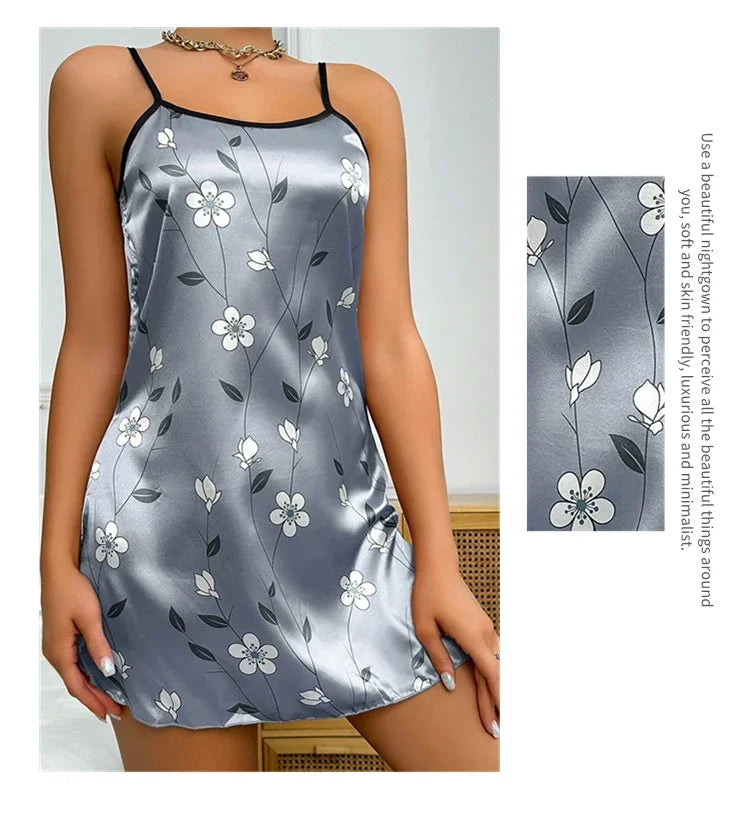 Camisón Sexy con tirantes para mujer, lencería Sexy de satén de seda, ropa de dormir con pintura Floral, minivestido para el hogar