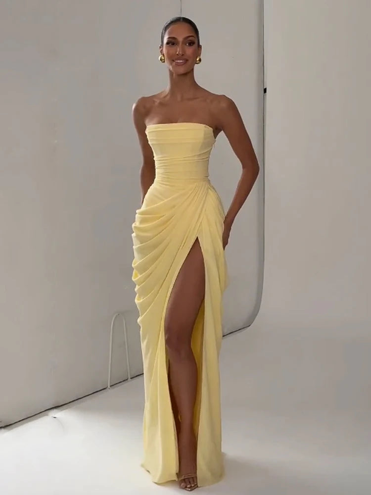 Vestido Maxi Plisado Sólido Sexy con Cuello Halter para Mujer, sin Mangas, sin Espalda, con Cintura Ajustada y Abertura, Vestidos de Fiesta de Verano 2026