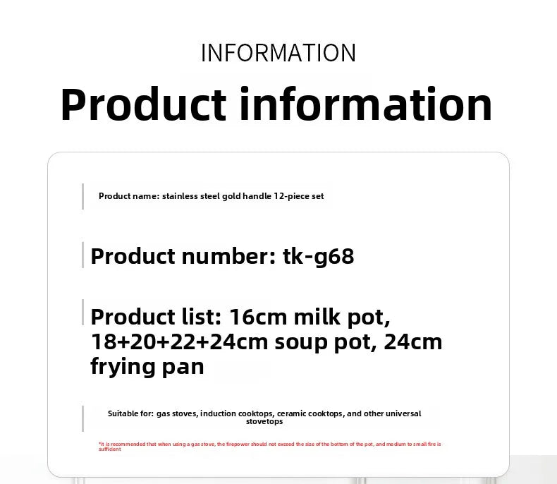 Juego de Ollas de Acero Inoxidable de 12 Piezas, Olla para Sopa, Sartén Antiadherente, Olla para Leche con Asa Dorada