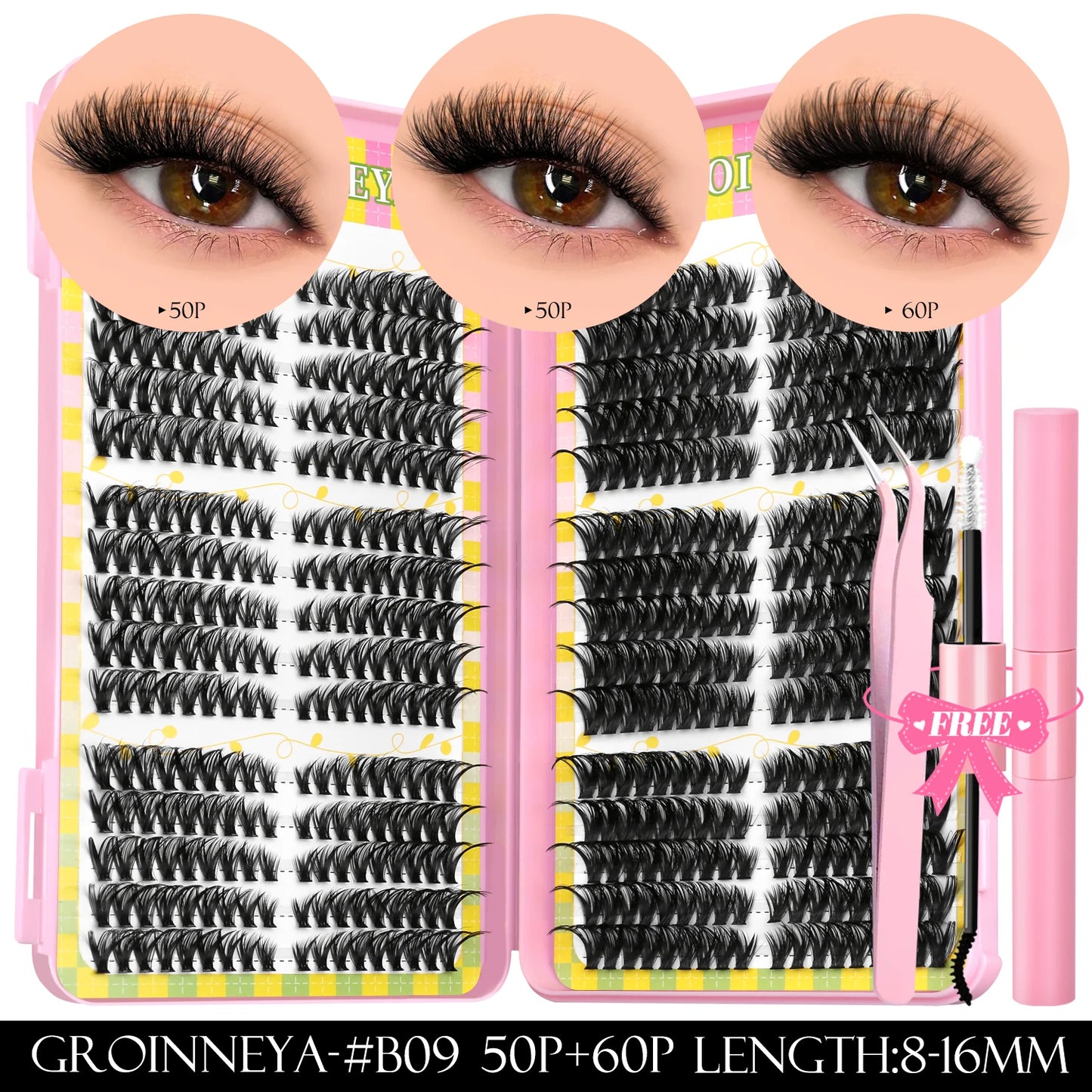 GROINNEYA Clusters de pestañas 540 Uds Kit de extensiones de pestañas de gato Kit de pestañas en racimo con Kit de maquillaje de pestañas Bond & Seal