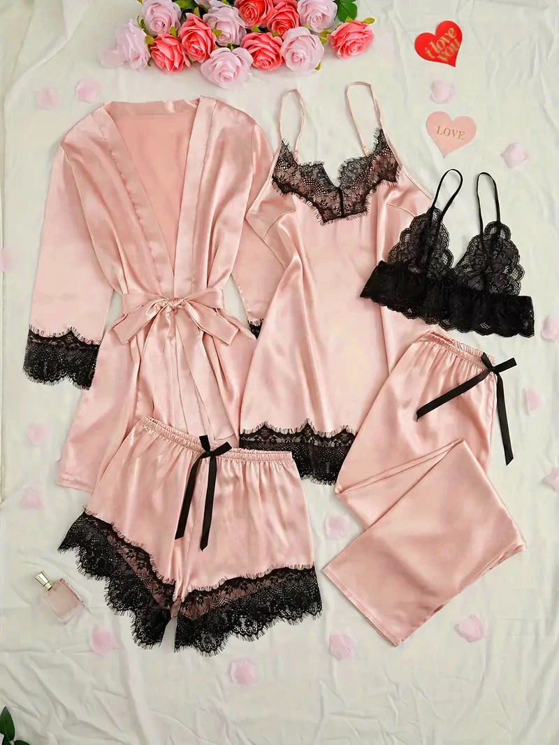 Conjunto de pijama de satén para mujer, lencería Sexy rosa, bata de baño de encaje de retazos, vestido de noche de seda, pantalones, ropa de dormir para el hogar