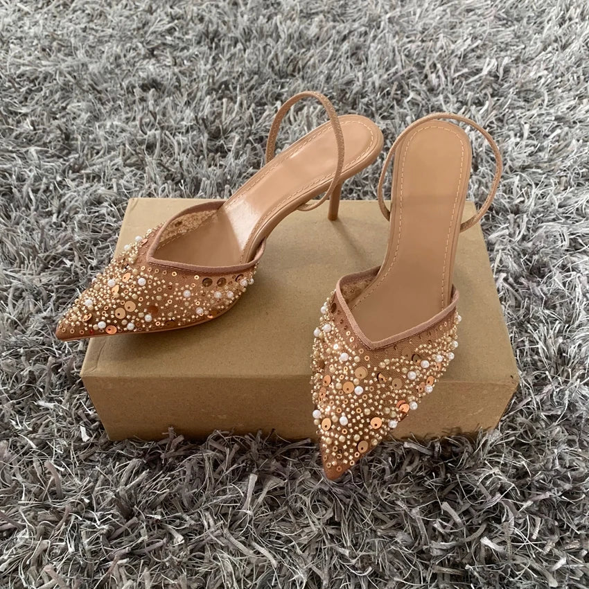 Zapatos de fiesta formales de tacón alto a la moda para mujer, sandalias modernas de lujo con lentejuelas y perlas de aguja Elengat de malla