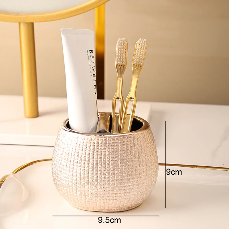 Botella de loción de cerámica de oro rosa, taza de enjuague bucal, soporte para cepillo de dientes, juego de accesorios de baño para el hogar, champú, botella de lavado corporal, jabonera