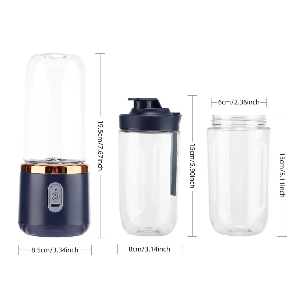 Licuadora Eléctrica Portátil de 400 ml, 2 Tazas, Mini Licuadora Multifuncional Inalámbrica para el Hogar, Recargable por USB, Vaso Mezclador Pequeño