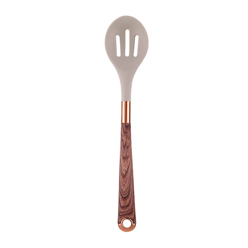 LMETJMA Juego de utensilios de cocina de silicona, 10 Uds., utensilio de cocina con soporte para utensilios, asas de patrón de madera, utensilios de cocina antiadherentes JT264
