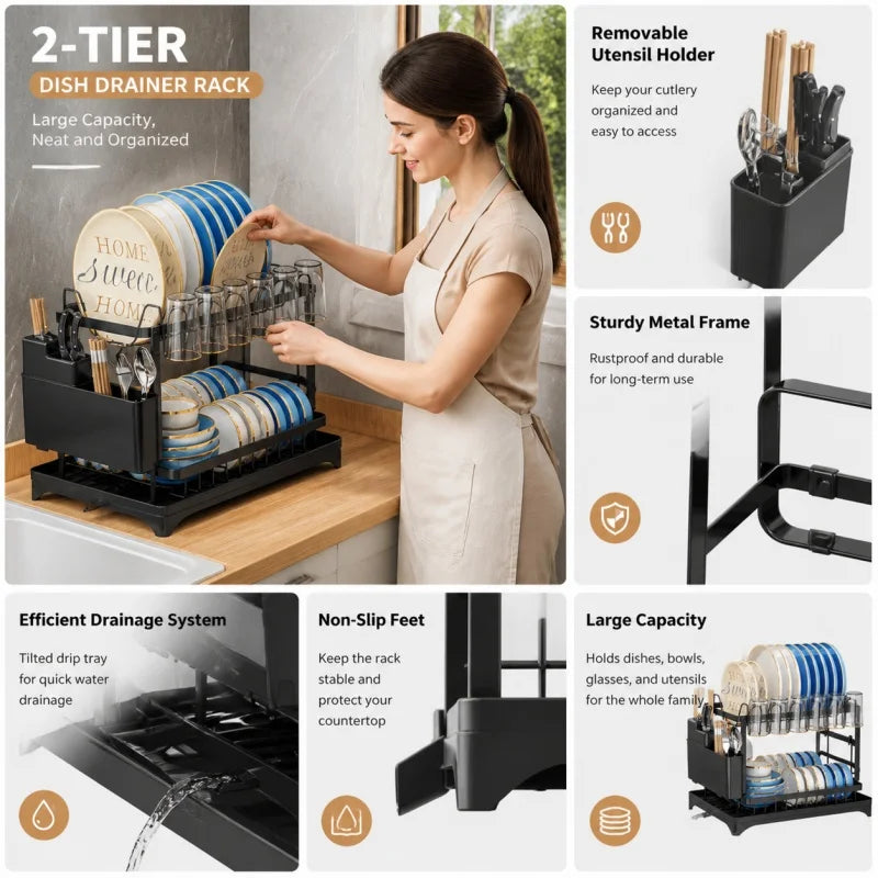 Escurridor de platos de doble capa y gran capacidad con placa guía de agua |   Estante de almacenamiento para tazones, tazas y vajilla de cocina