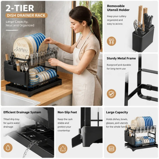 Escurridor de platos de doble capa y gran capacidad con placa guía de agua |   Estante de almacenamiento para tazones, tazas y vajilla de cocina