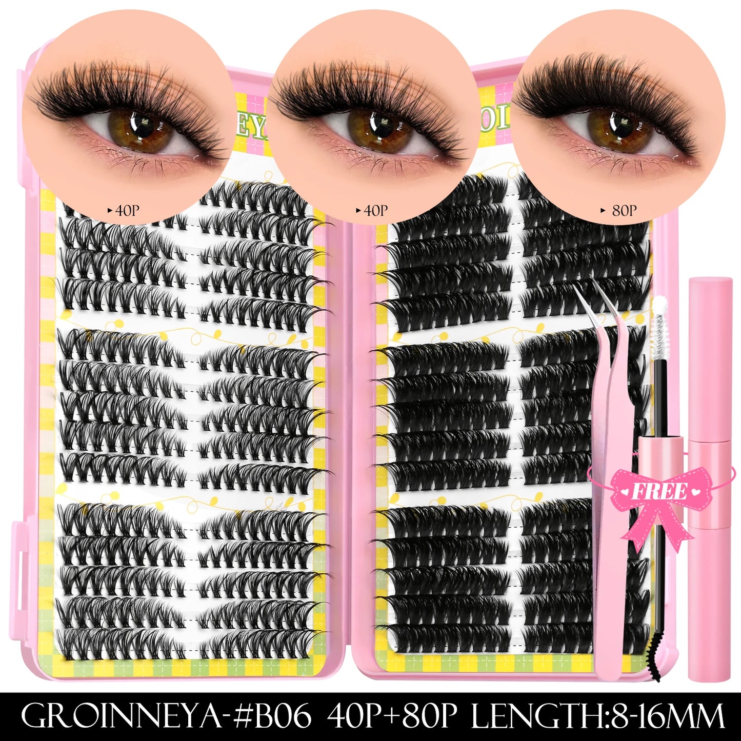 GROINNEYA Clusters de pestañas 540 Uds Kit de extensiones de pestañas de gato Kit de pestañas en racimo con Kit de maquillaje de pestañas Bond & Seal
