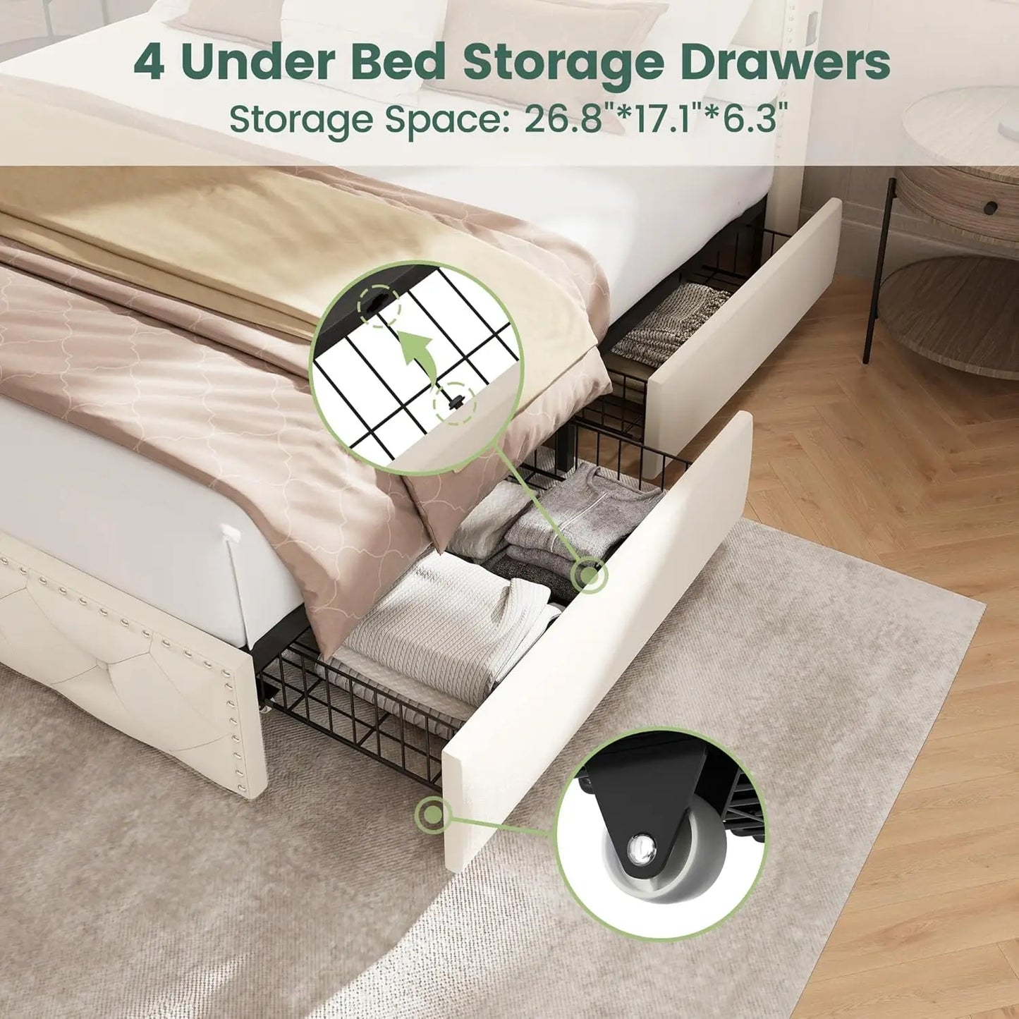 Base de Cama Queen Size con 4 Cajones de Almacenamiento y Estación de Carga, Base de Cama Tapizada en Terciopelo con LED, Personalizable