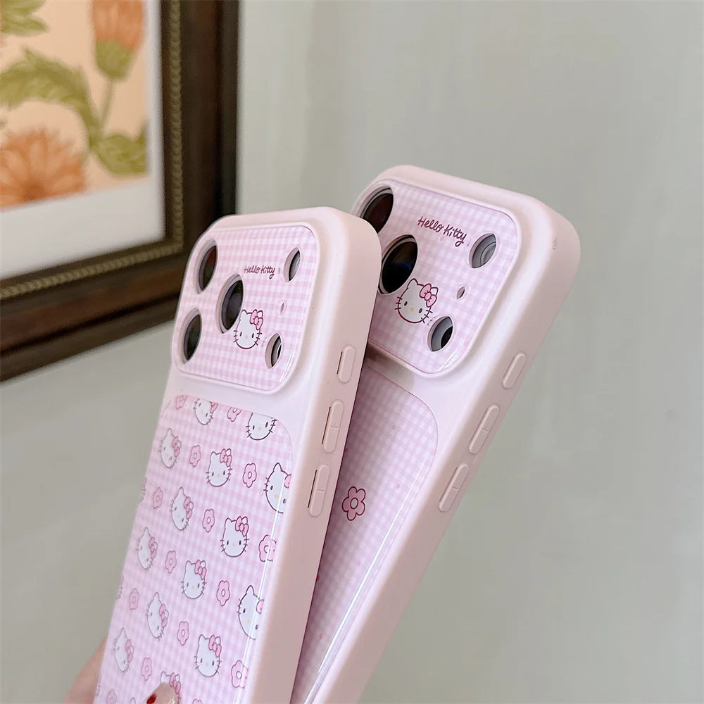 Funda Protectora Brillante con Diseño de Hello Kitty a Cuadros Rosados Estilo Coreano para iPhone 17, 16, 14, 13, 15 Pro, 17 Pro Max
