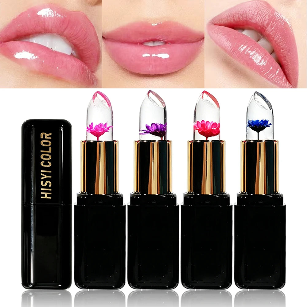 HISYI Crystal Crystal Color Changing Petal Lipstick, bálsamo labial en gel, maquillaje labial brillante hidratante de larga duración que no se pega a la taza para mujeres