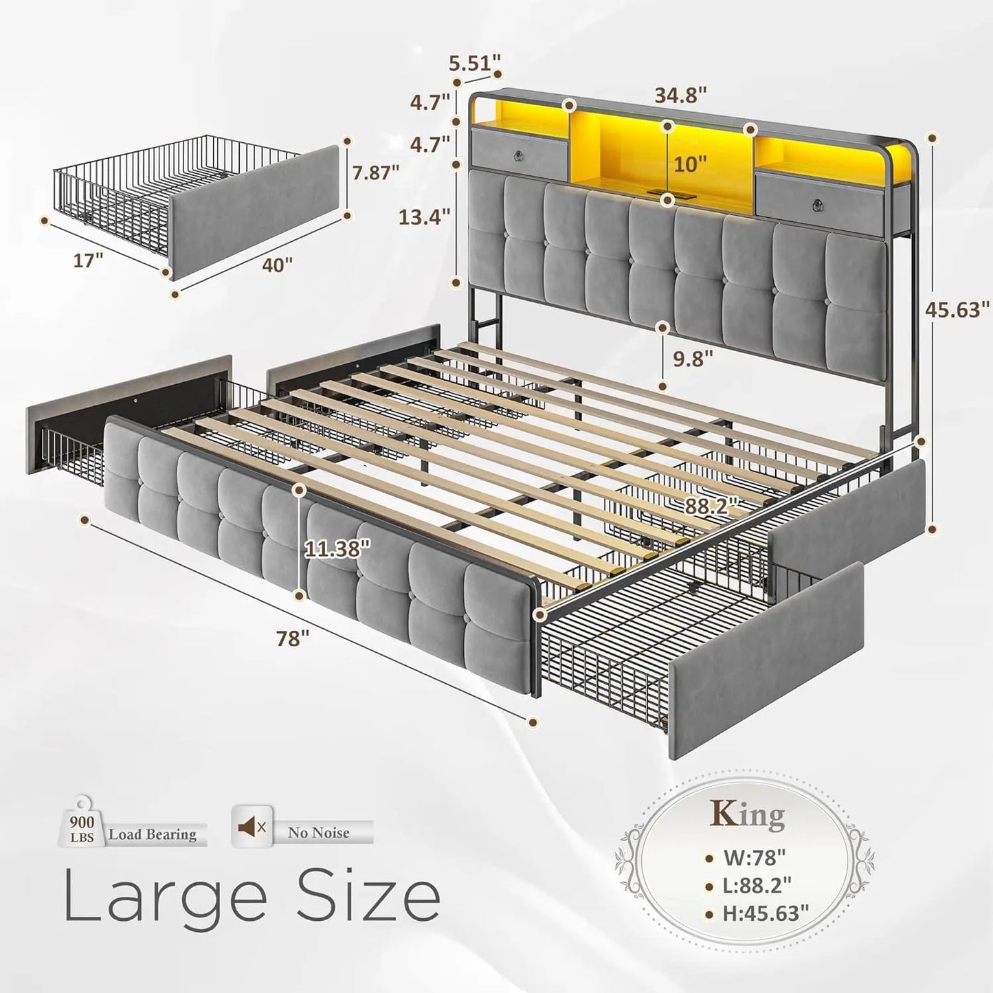 Base de Cama King con 6 Cajones, Luces LED, Cabecera de Terciopelo, Estación de Carga, Sin Somier, Silenciosa, Fácil Montaje, Gris