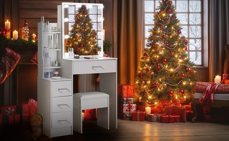 Mesa de tocador LED con espejo deslizante, escritorio de maquillaje blanco, taburete de 4 cajones, tocador para mujer, muebles glam