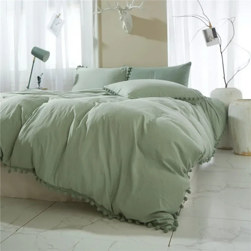 Funda de edredón suave y lavada, Juego de 3 piezas, funda de almohada, juego de ropa de cama para Twin, Full, Queen, King Size, decoración de pompones