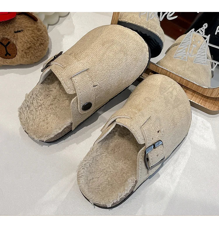 2025 niños niñas invierno cálido felpa corcho cama piel zuecos zapatillas señora peluda casa pisos zapatillas de algodón