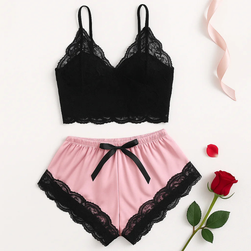 Conjunto de pijama de encaje sexy de 2 piezas para mujer Bralette transparente Cami Top y pantalones cortos Ropa de dormir transpirable Lencería de verano de talla grande