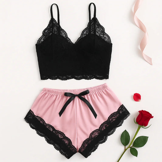 Conjunto de pijama de encaje sexy de 2 piezas para mujer Bralette transparente Cami Top y pantalones cortos Ropa de dormir transpirable Lencería de verano de talla grande