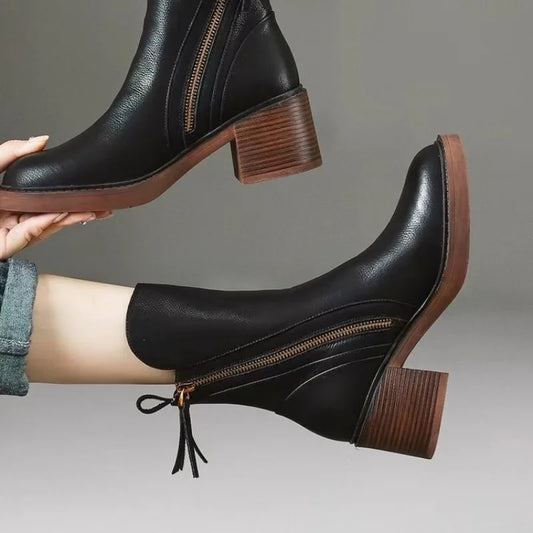 Botines de tacón alto para mujer, botas cortas de cuero con punta redonda, botas de tacón grueso, botines con cremallera lateral, tacón de plataforma para mujer
