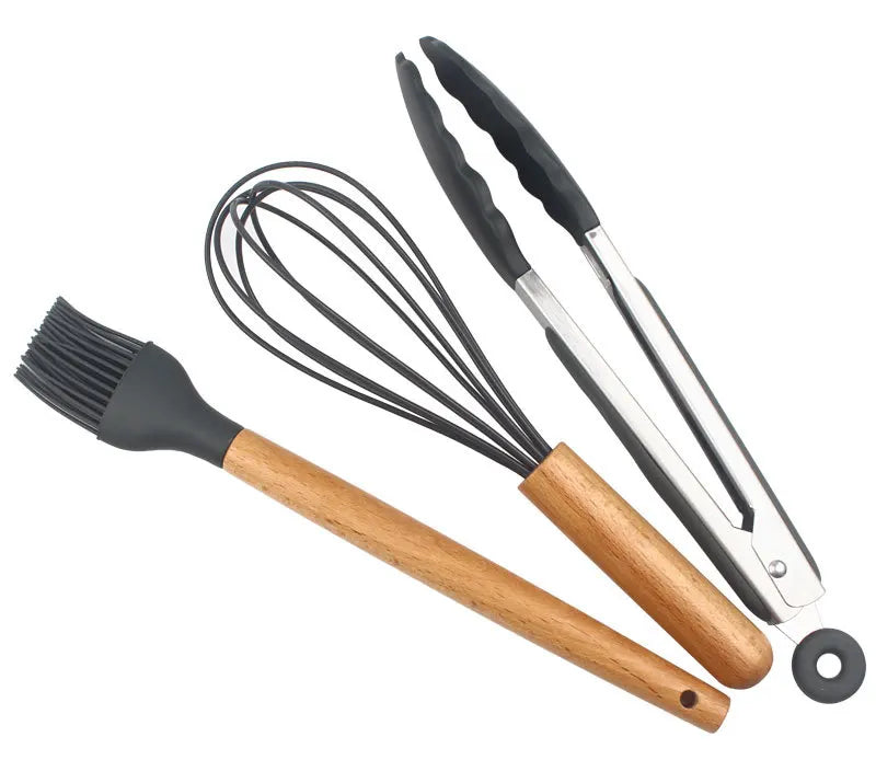 Juego de 12 utensilios de cocina de silicona con mango de madera, espátula antiadherente, cuchara para sopa y freír
