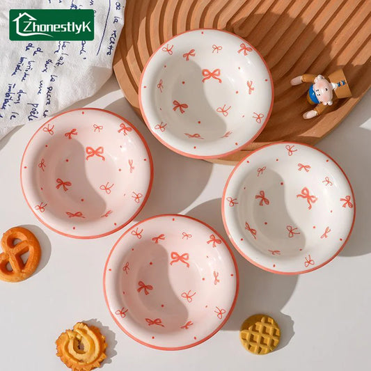 Juego de 4 Platos de Cerámica con Lazo Rosa para Salsas, Tazones Bonitos para Condimentos, Platos para Servir en la Mesa, Platos para Salsa de Soja y Vinagre, Platos para Sumergir en Hot Pot, Venta al por Mayor