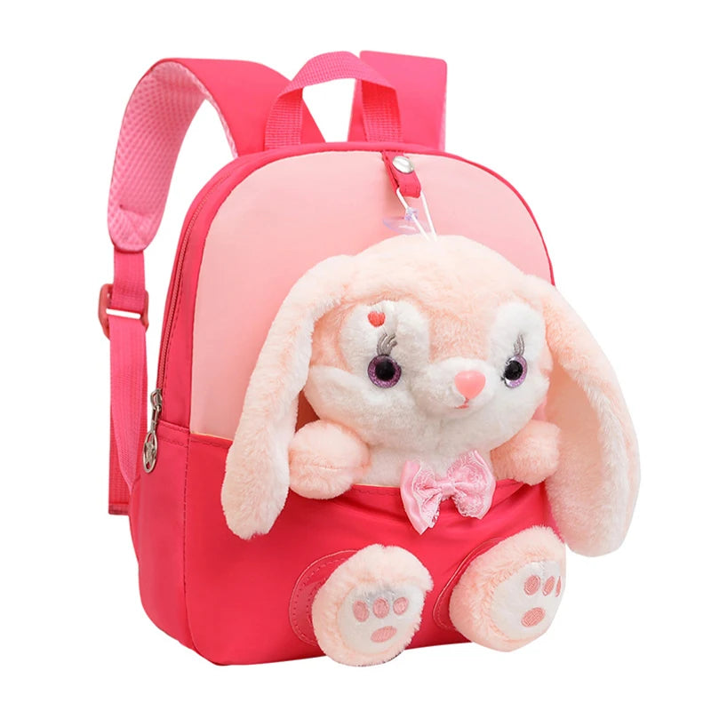 Mochila de jardín de infantes de dibujos animados, mochila escolar para niños, Linda mochila de muñeca de conejo de felpa, nueva