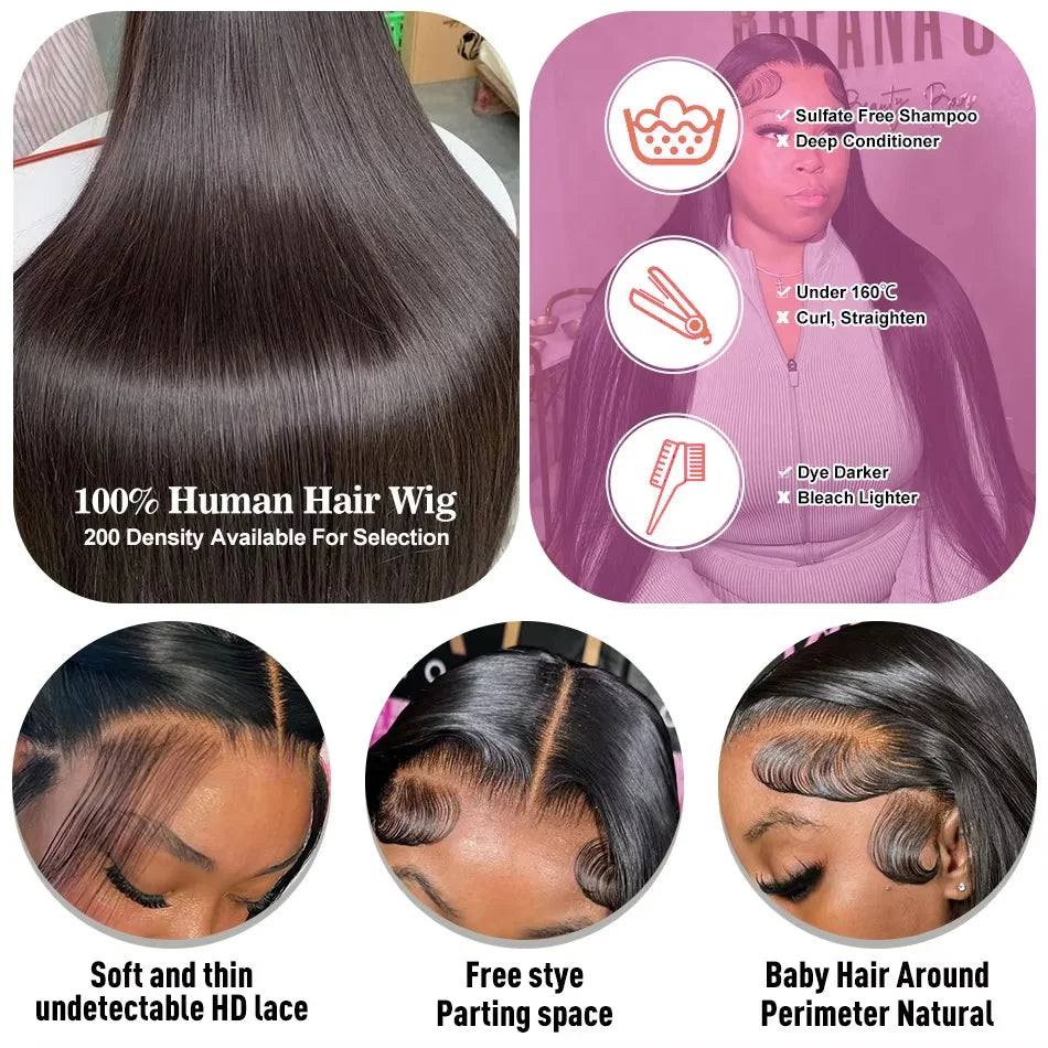 Pelucas de cabello humano Frontal de encaje recto transparente 13x6 Hd brasileño Remy Pre desplumado hueso recto 13x4 peluca con malla Frontal para mujeres