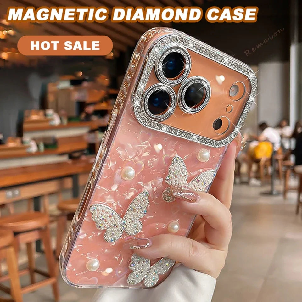 Funda de teléfono con purpurina y diamantes para iPhone 17 Air 11 12 13 16 Pro Max 15 14 16 Plus 17Pro Max, funda protectora de mariposa bonita
